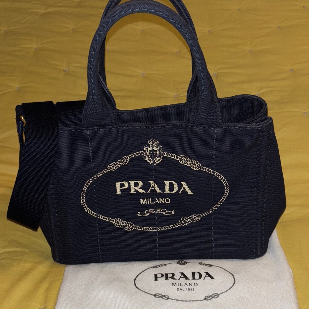 Prada Dark Blue Canvas Tote with Logo